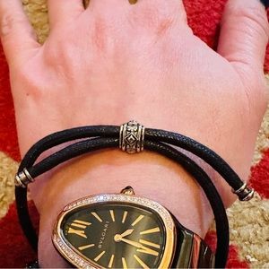 David Yurman black leather and silver adjustable bracelet